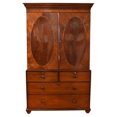 Antique English Regency Linen Press in Mahogany with Interior & Exterior Drawers