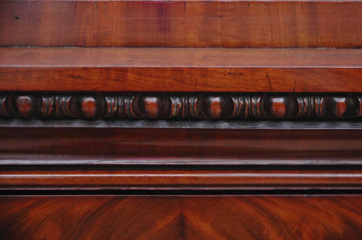 19th Century Antique Biedermeier Tall Chest of Drawers in Bookmatched Mahogany, Denmark, 1840 For Sale