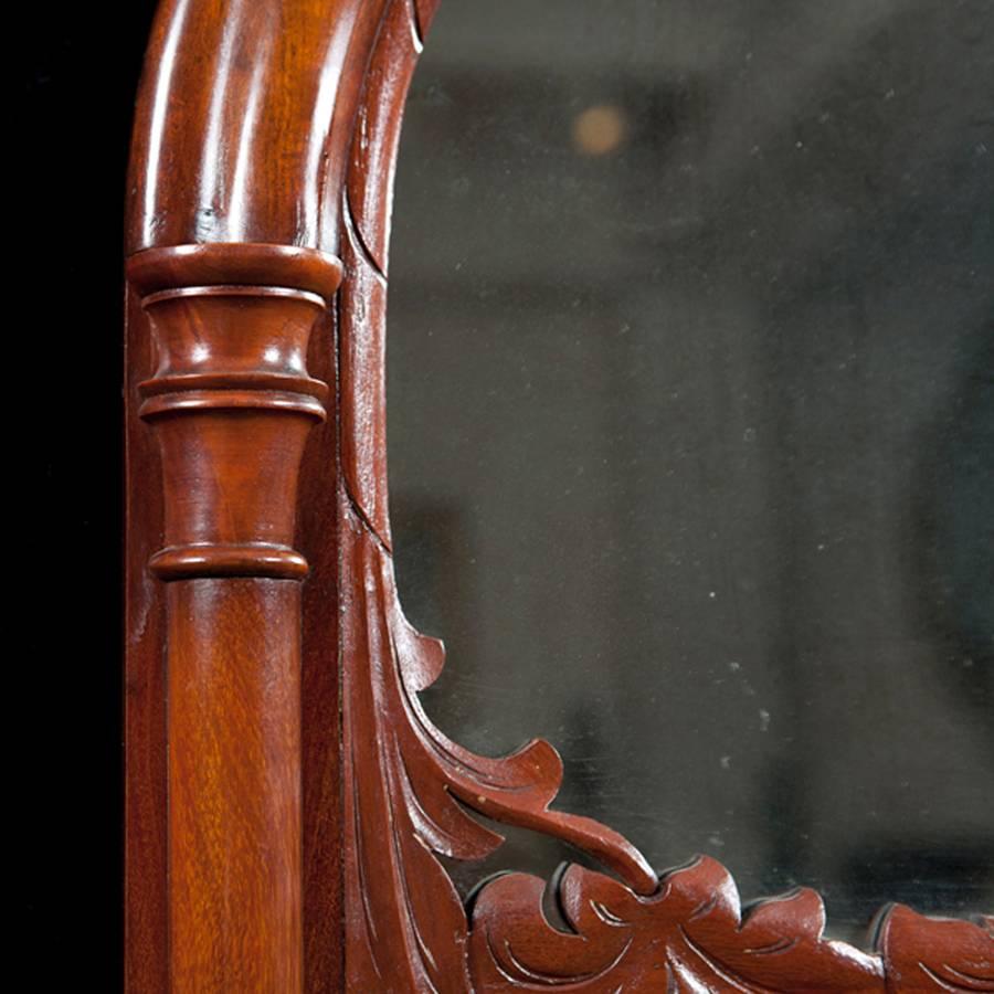 Silvered Danish Antique Decorative Arched Mirror in Mahogany w/ a Carved Bonnet and Swag For Sale
