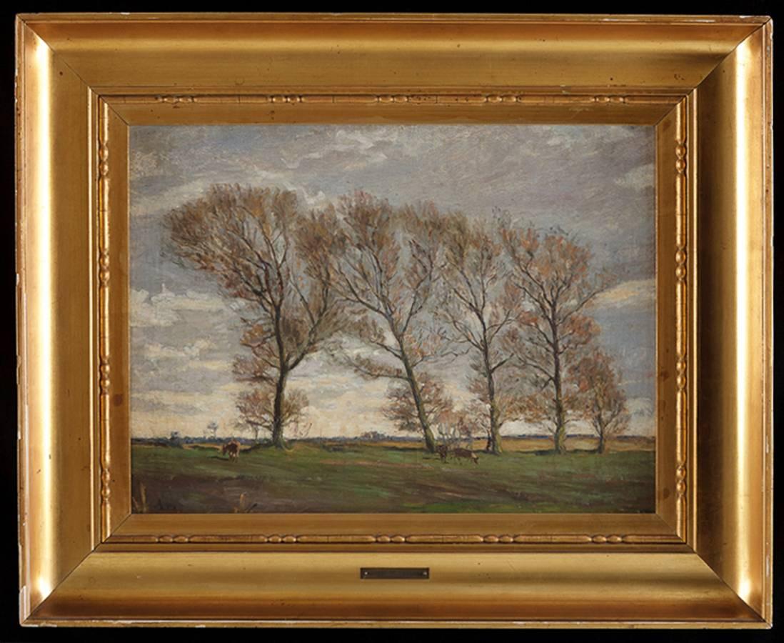 Romantic Landscape of Windswept Trees,  Small Oil Painting by Aksel Lassen, Dated 1910