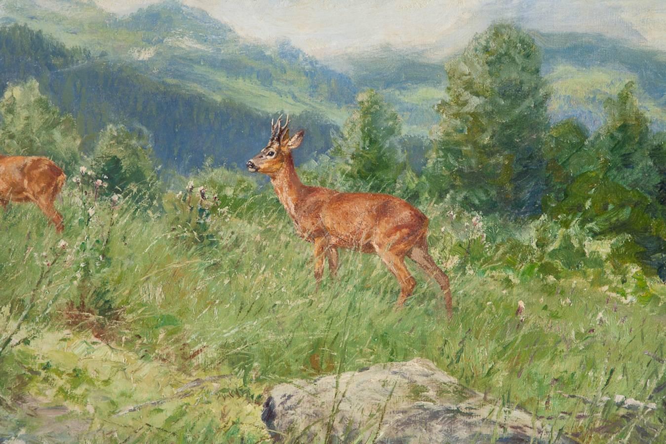 Romantic  Wilhelm Buddenberg Bavarian Mountain Landscape w Deer by Garmisch-Partenkirchen For Sale