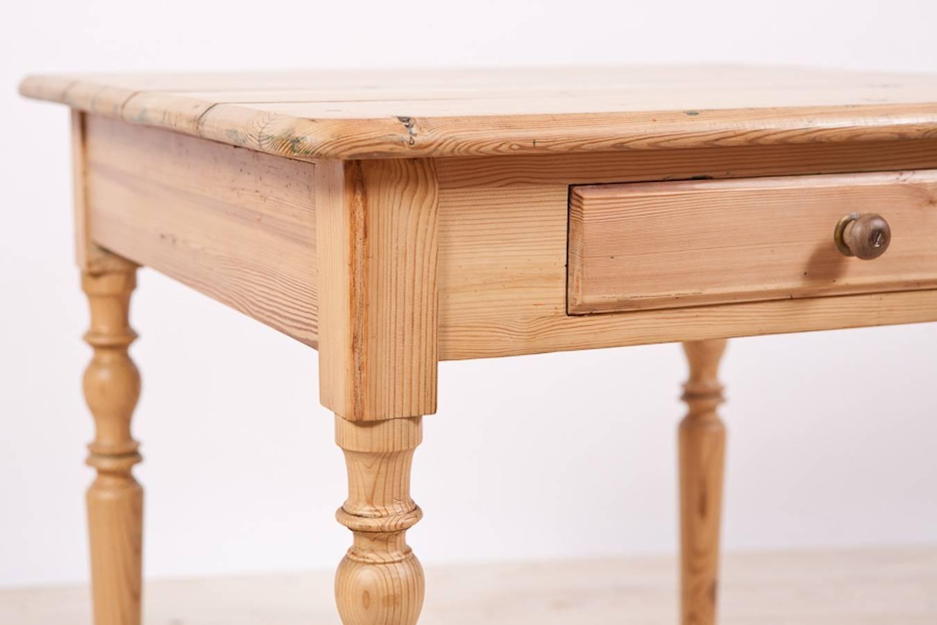 Country German Side Table in Pine with Turned Legs and Drawer, circa 1850
