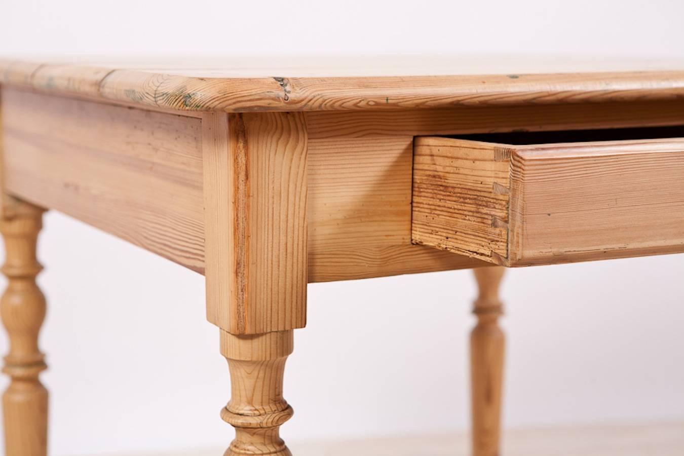 19th Century German Side Table in Pine with Turned Legs and Drawer, circa 1850