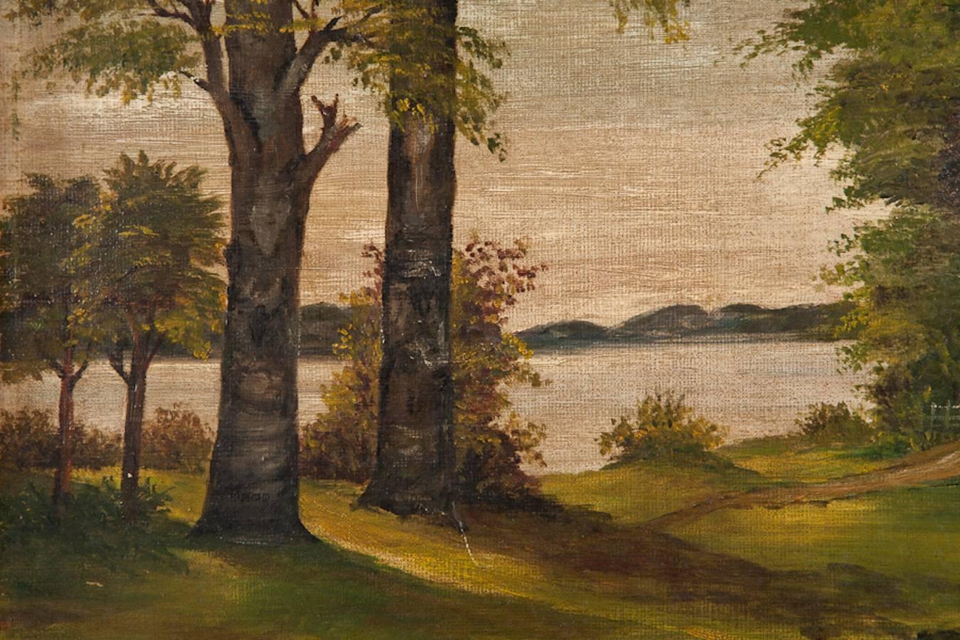 Romantique Huile sur toile romantique scandinave non signée « Paysage de rivière avec arbres », vers 1910 en vente