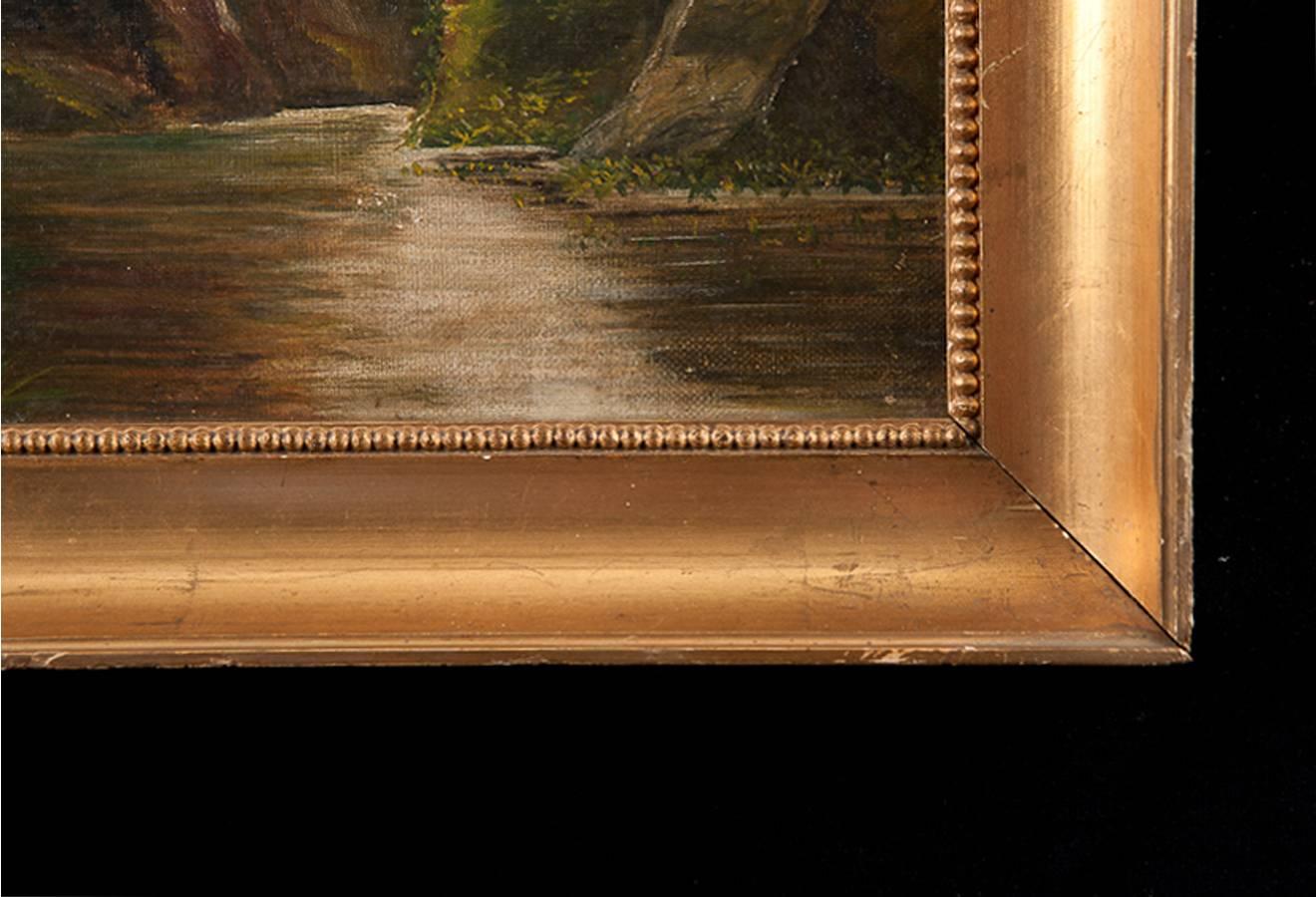 20ième siècle Huile sur toile romantique scandinave non signée « Paysage de rivière avec arbres », vers 1910 en vente