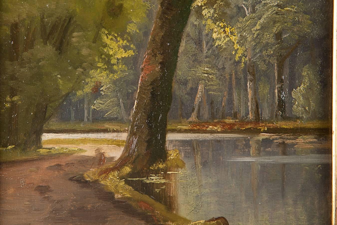 Gilt 19th Century Oil Painting of Forest Landscape/ Riverscape by Peder Mørk Mønsted