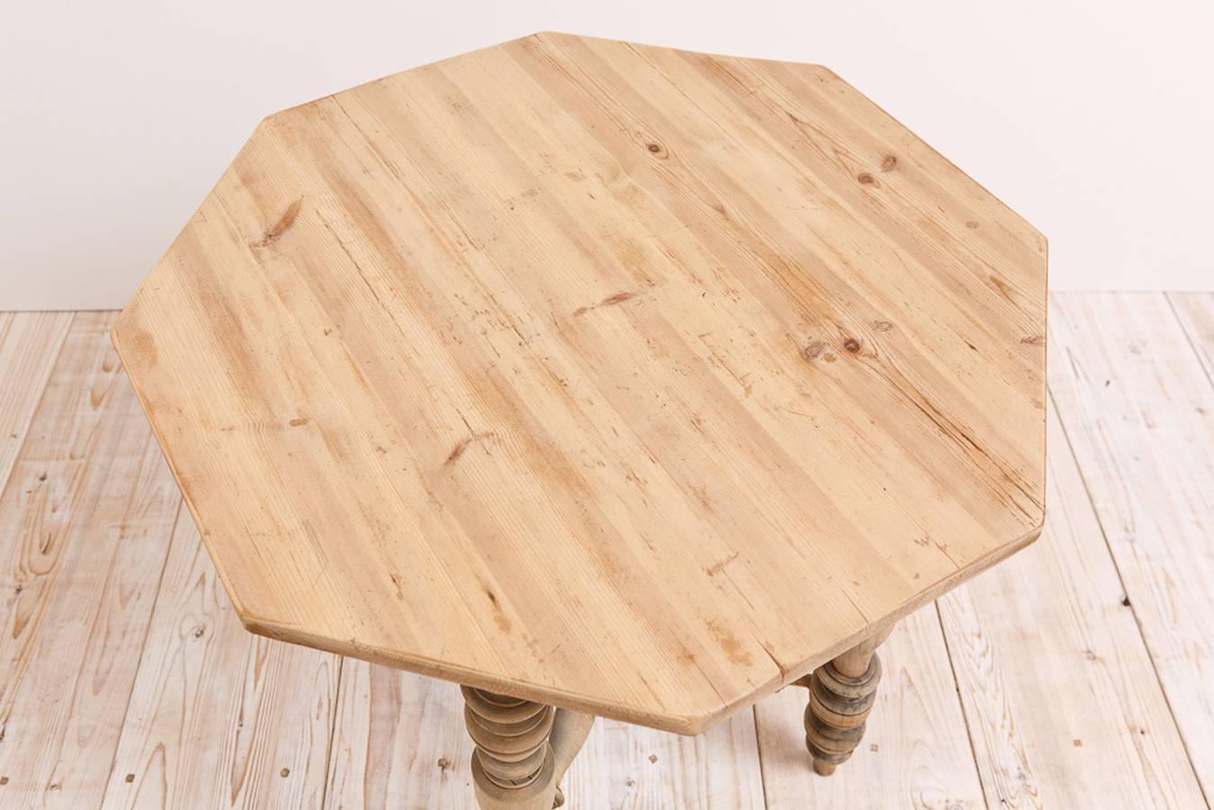 Scandinavian Octagonal Farm Table with Turned Legs and Pine Top at 1stdibs