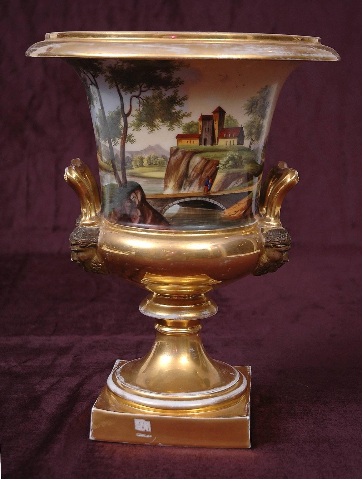 French Large Old Paris Porcelain Urn with Romantic Landscape Scenes