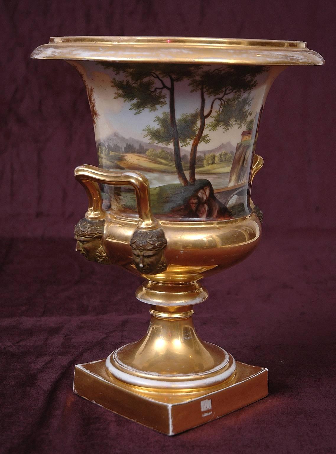 Gilt Large Old Paris Porcelain Urn with Romantic Landscape Scenes
