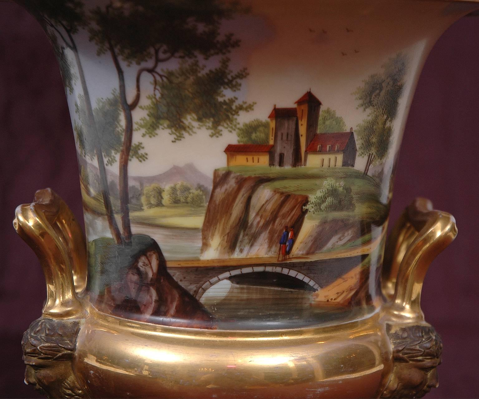 Early 19th Century Large Old Paris Porcelain Urn with Romantic Landscape Scenes