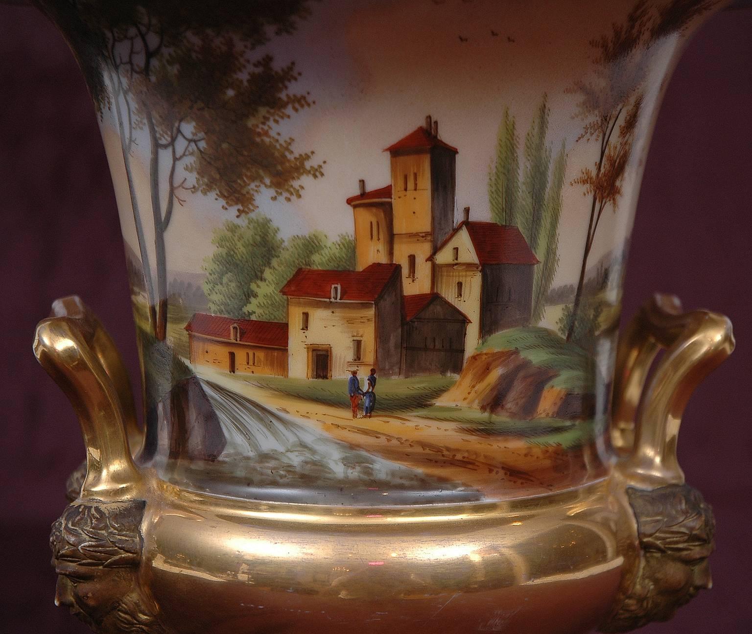 Large Old Paris Porcelain Urn with Romantic Landscape Scenes 1
