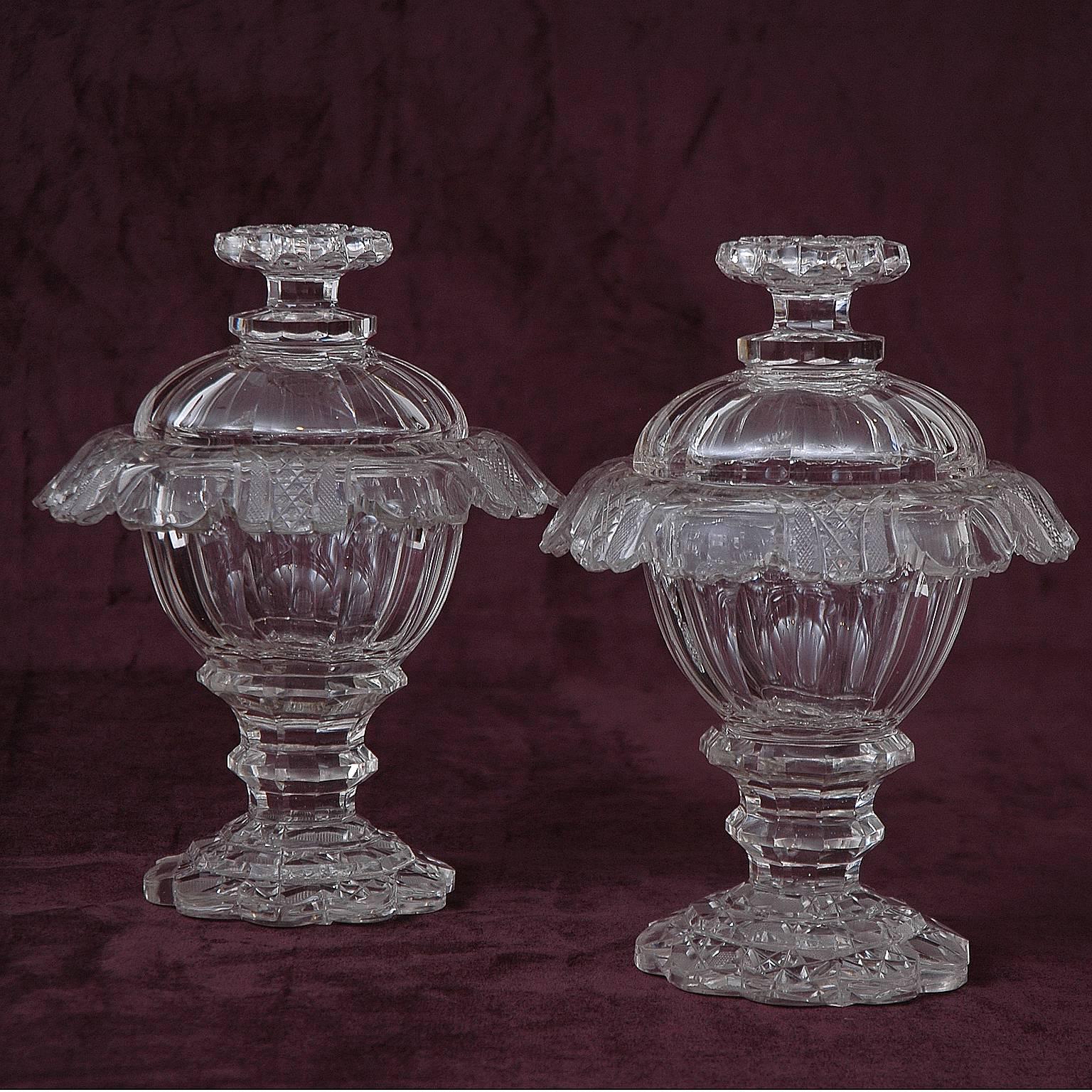 Northern Irish Pair of 19th Century Irish Cut-Crystal Sweetmeat Jars or Urns