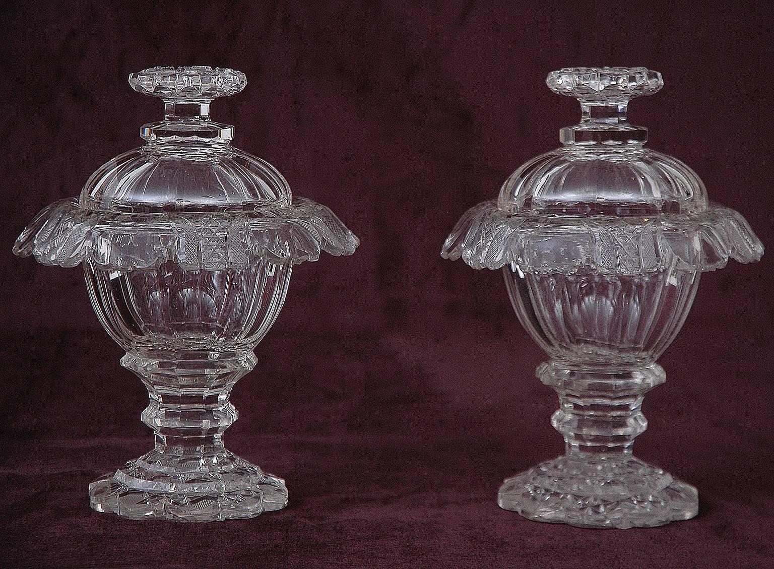 Beveled Pair of 19th Century Irish Cut-Crystal Sweetmeat Jars or Urns
