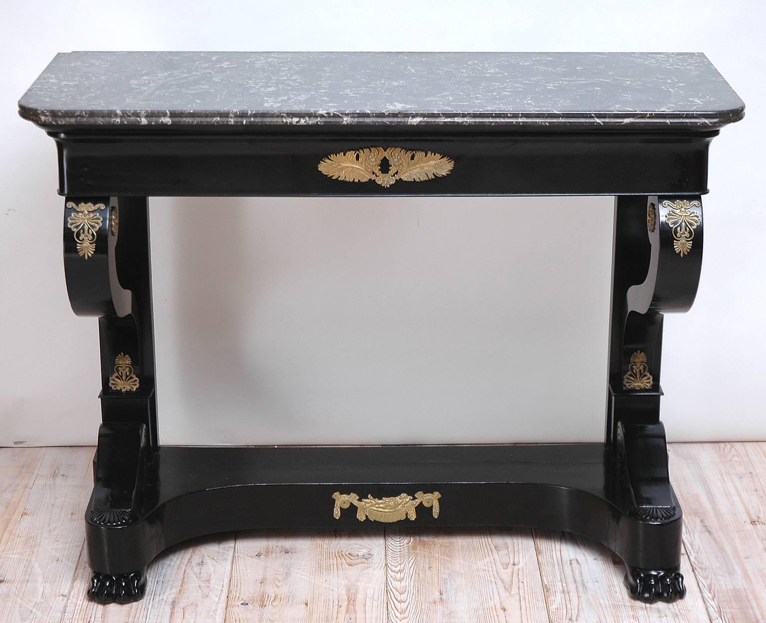 Napoleon III Second Empire Ebonized Console with Ormolu Mounts and Negro Marquina Marble Top