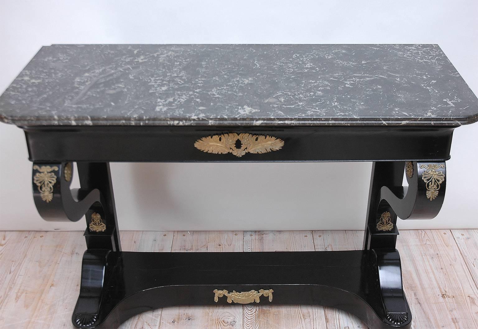 French Second Empire Ebonized Console with Ormolu Mounts and Negro Marquina Marble Top