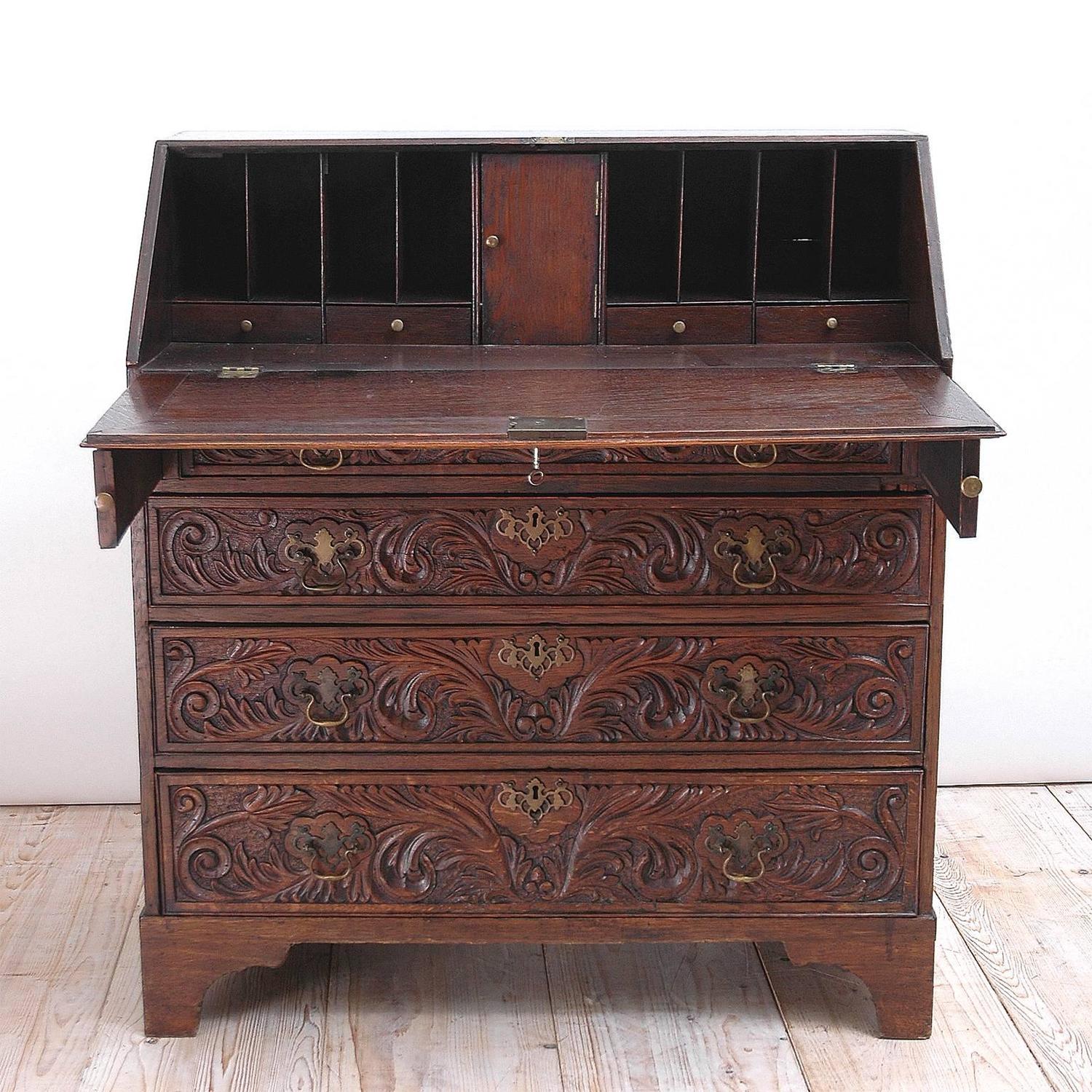 Georgian Fall Front Secretary Desk In Carved Oak England Circa 1800