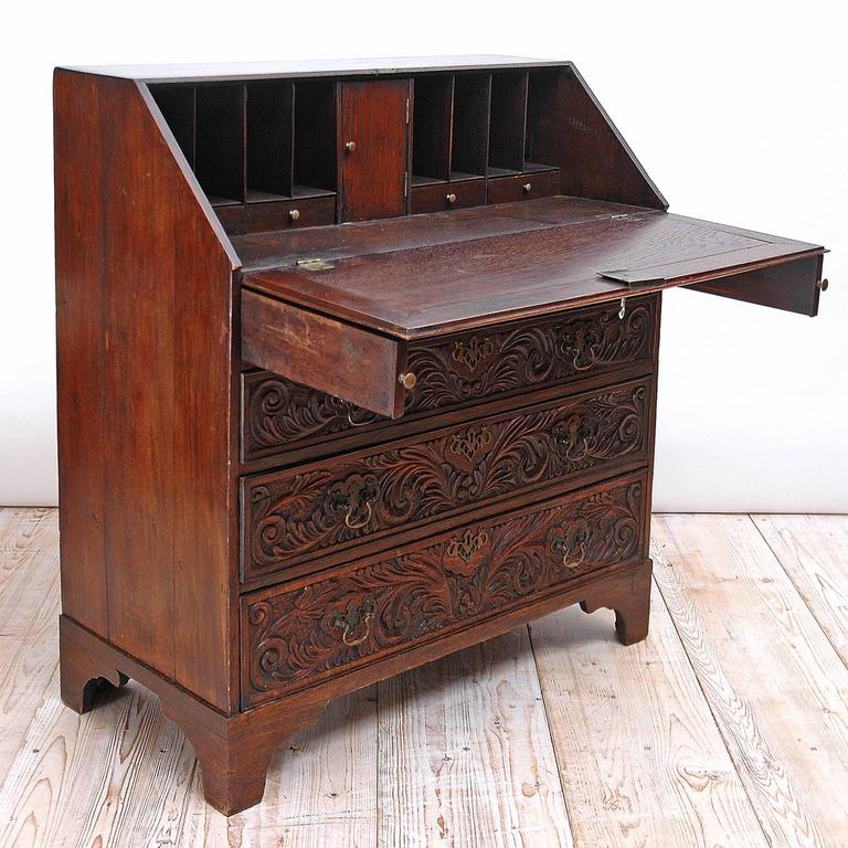 Georgian Fall Front Secretary Desk In Carved Oak England Circa