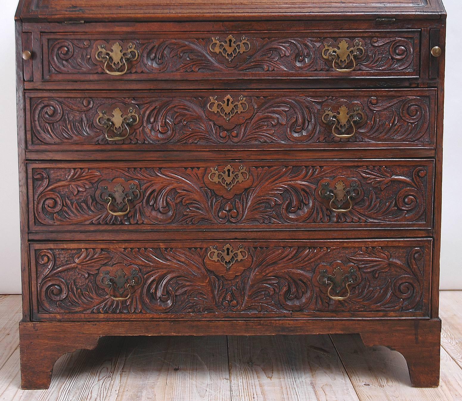 English Georgian Fall-Front Secretary Desk in Carved Oak, England, circa 1800 For Sale
