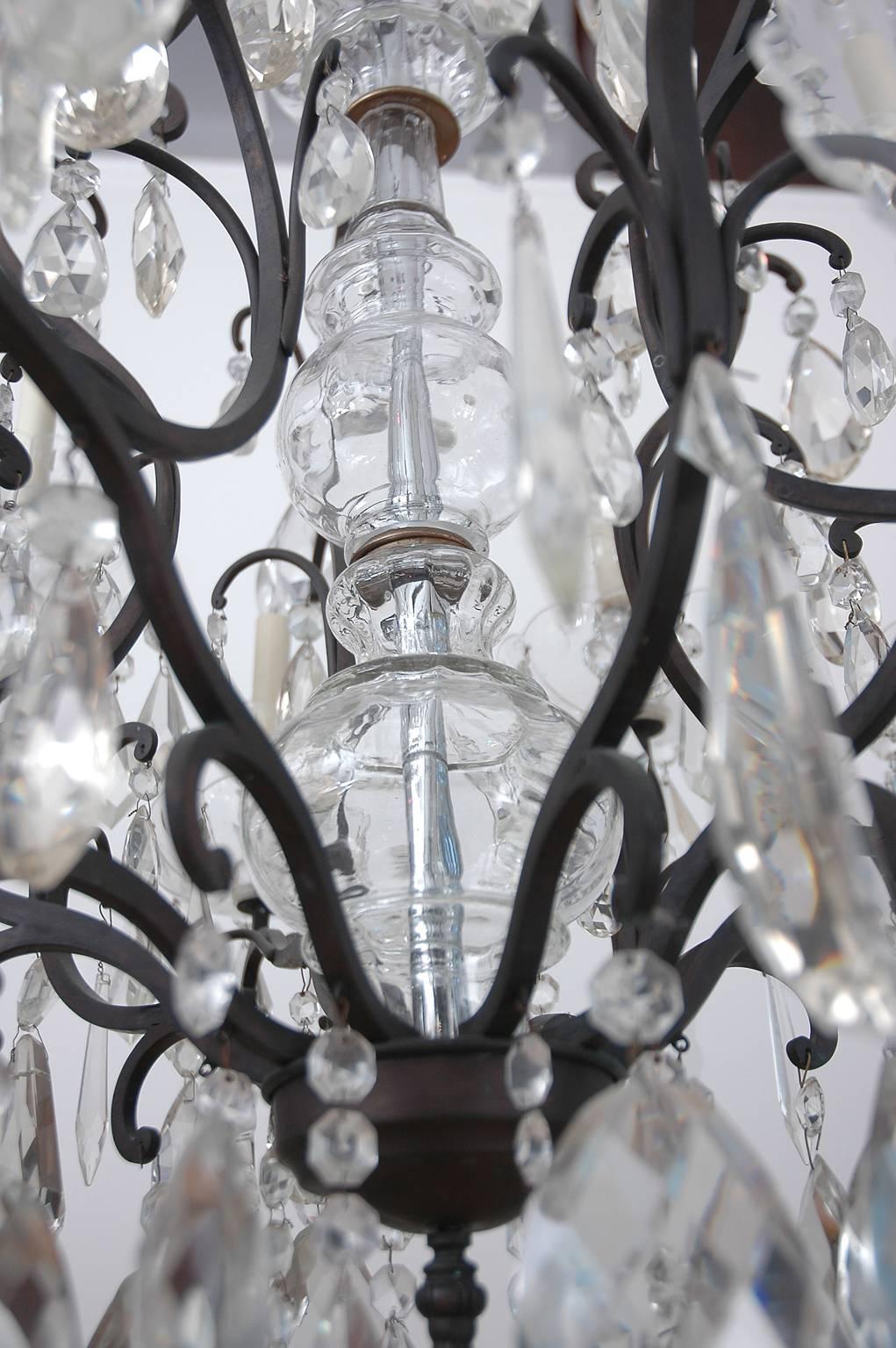 Large Ten-Light Chandelier with Glass Crystals and Wrought Iron Open Cage Frame  1