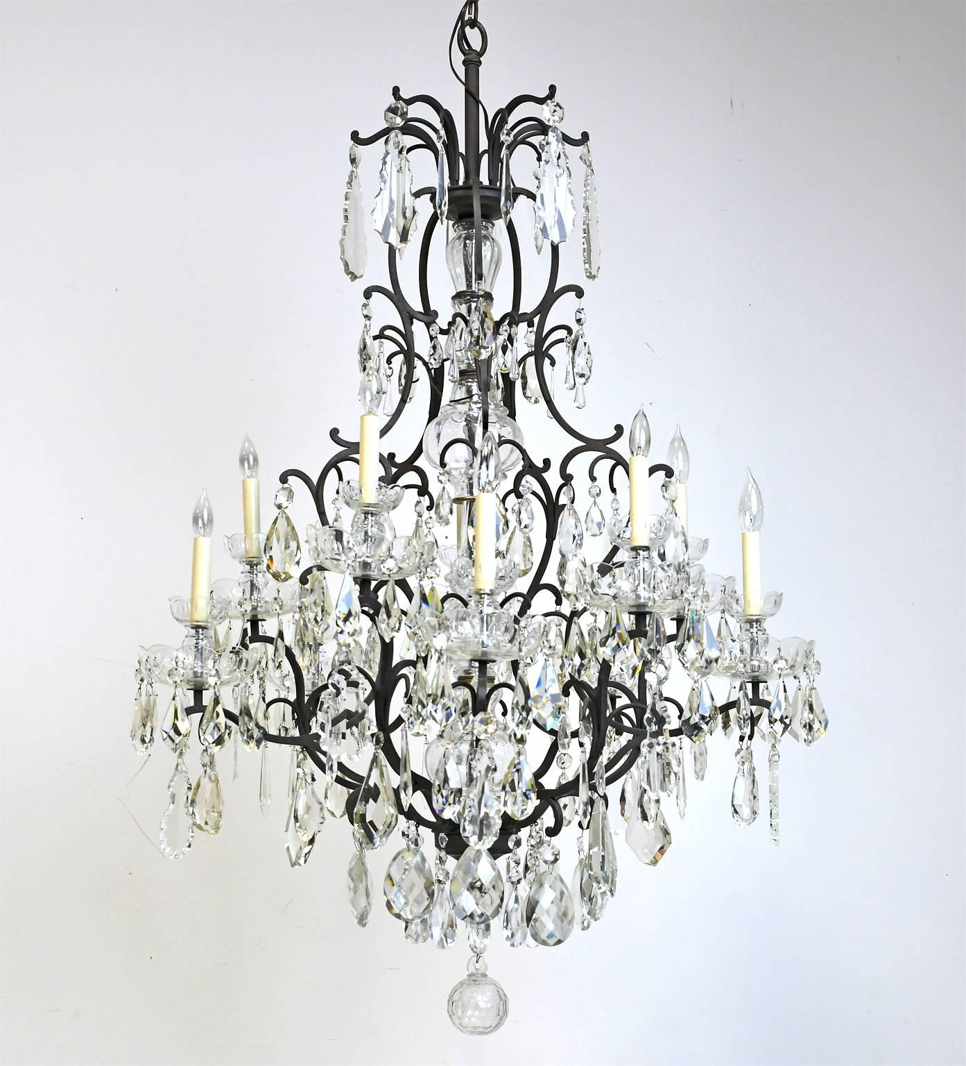 Rococo Revival Large Ten-Light Chandelier with Glass Crystals and Wrought Iron Open Cage Frame 