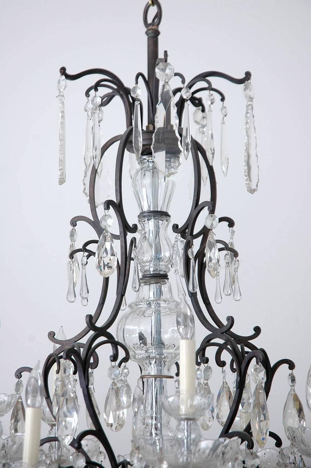 20th Century Large Ten-Light Chandelier with Glass Crystals and Wrought Iron Open Cage Frame 