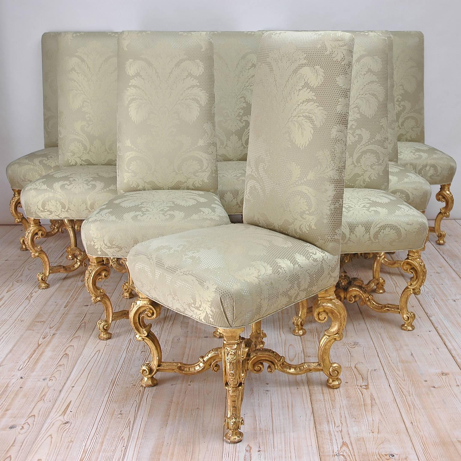 Italian Set of Ten (10) Venetian Dining Chairs in Carved and Gilded Wood with Upholstery