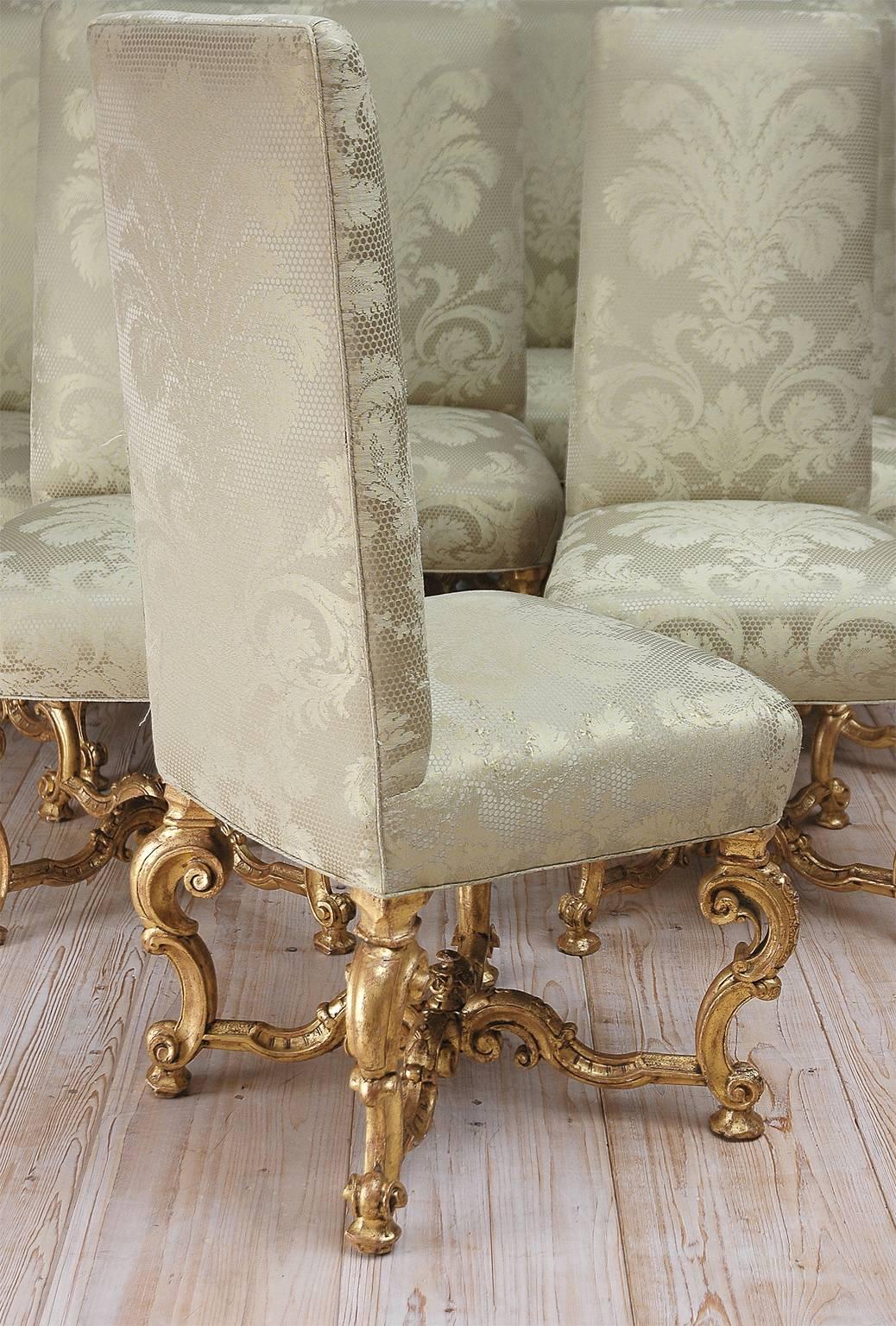 20th Century Set of Ten (10) Venetian Dining Chairs in Carved and Gilded Wood with Upholstery