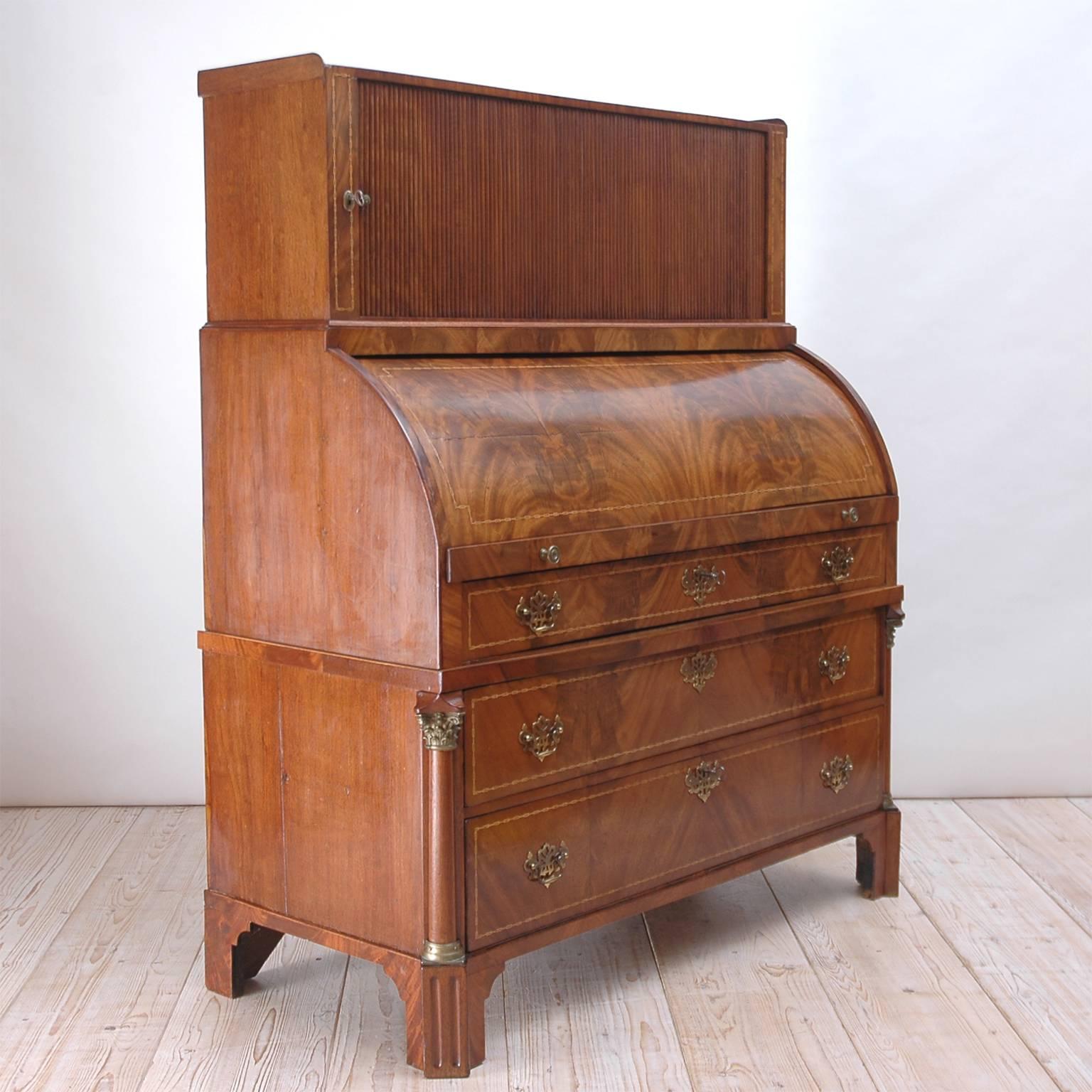 Inlay Louis XVI Secretary with Cylinder Top & Tambour Front Northern Europe circa 1800 For Sale