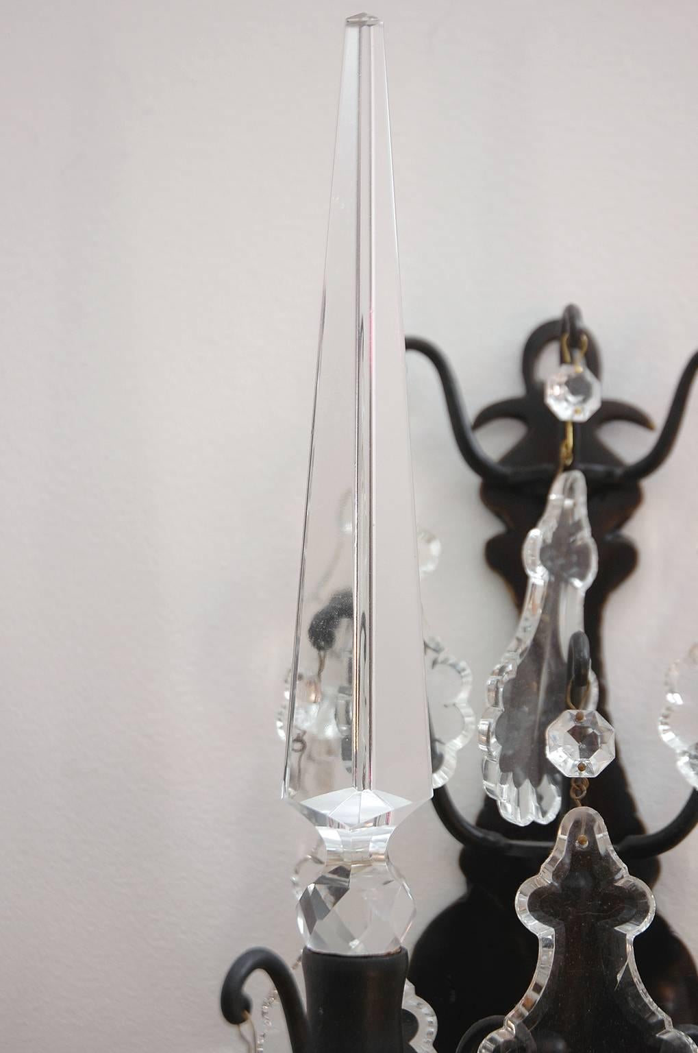 Rococo Revival Set of Four Wrought Iron Candle Sconces with Cut-Glass/Crystal Obelisks