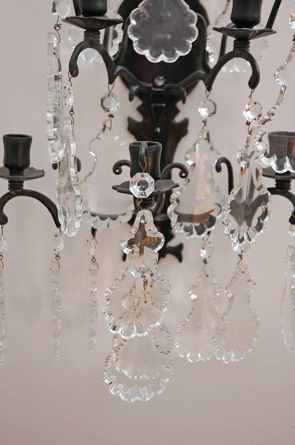 French Set of Four Wrought Iron Candle Sconces with Cut-Glass/Crystal Obelisks