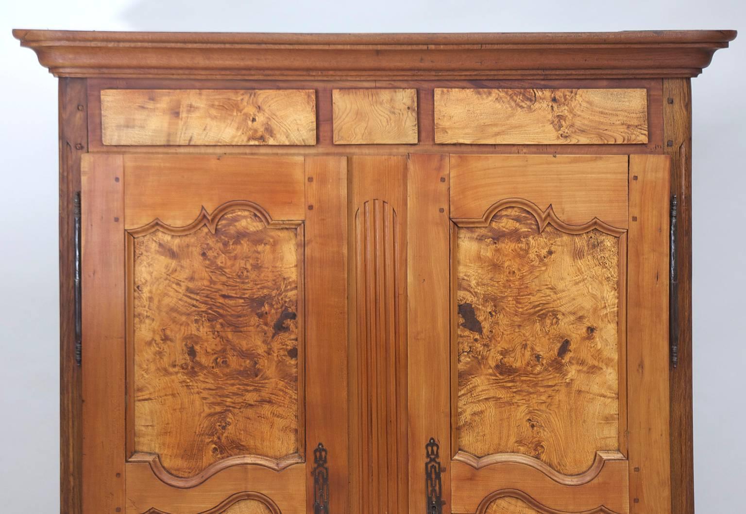 Oiled 19th Century Antique French Armoire in Walnut & Cherry with Burl Olive Ash Panel