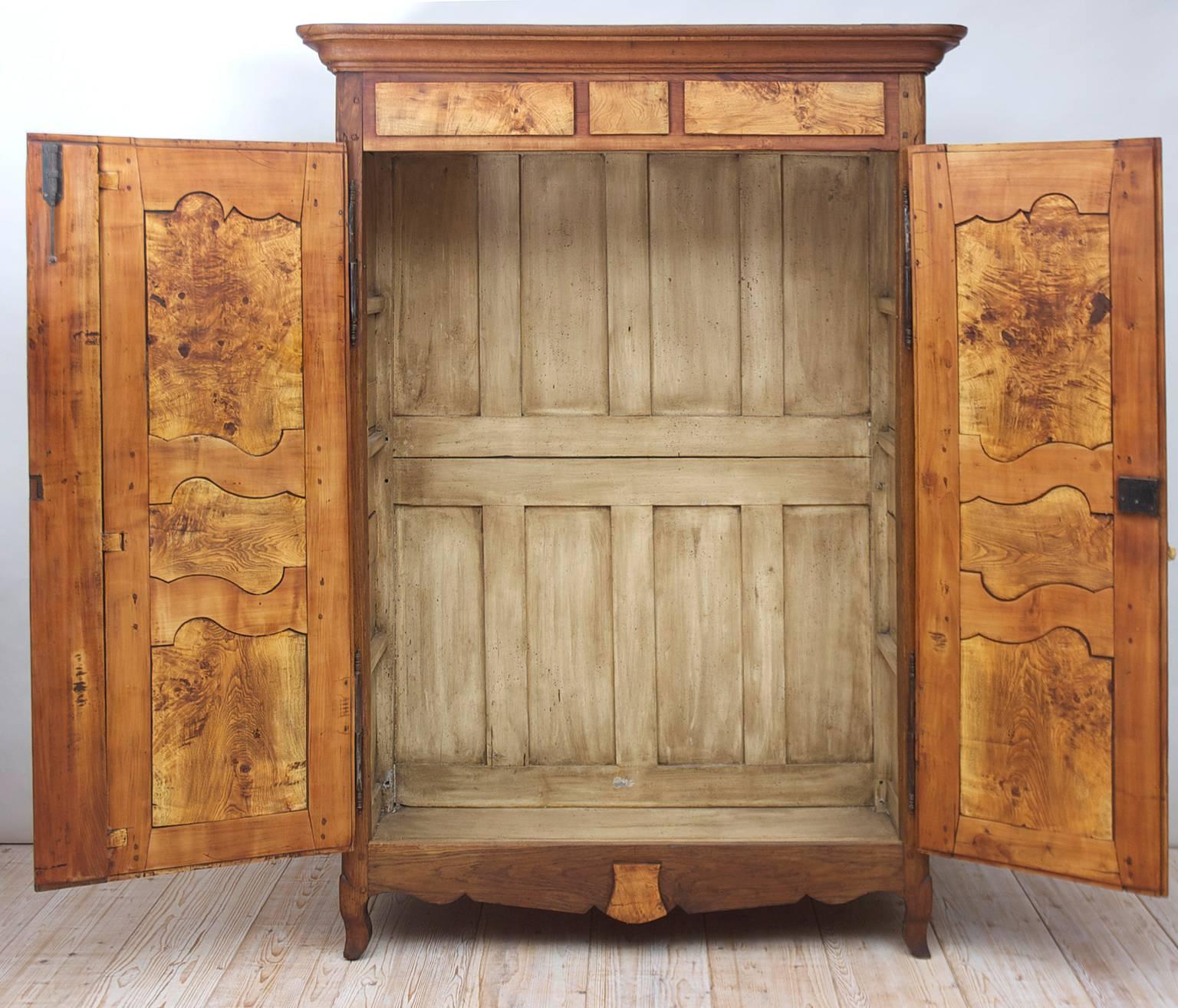 Mid-19th Century 19th Century Antique French Armoire in Walnut & Cherry with Burl Olive Ash Panel