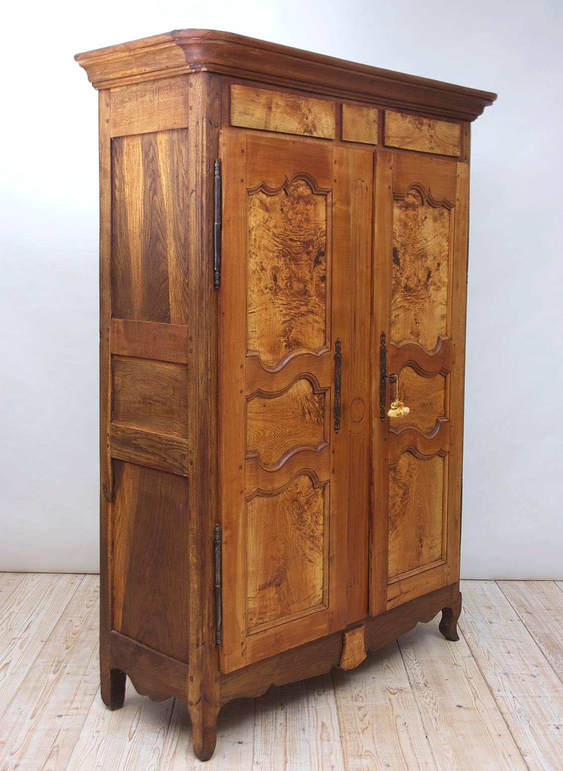 19th Century Antique French Armoire in Walnut & Cherry with Burl Olive Ash Panel 1