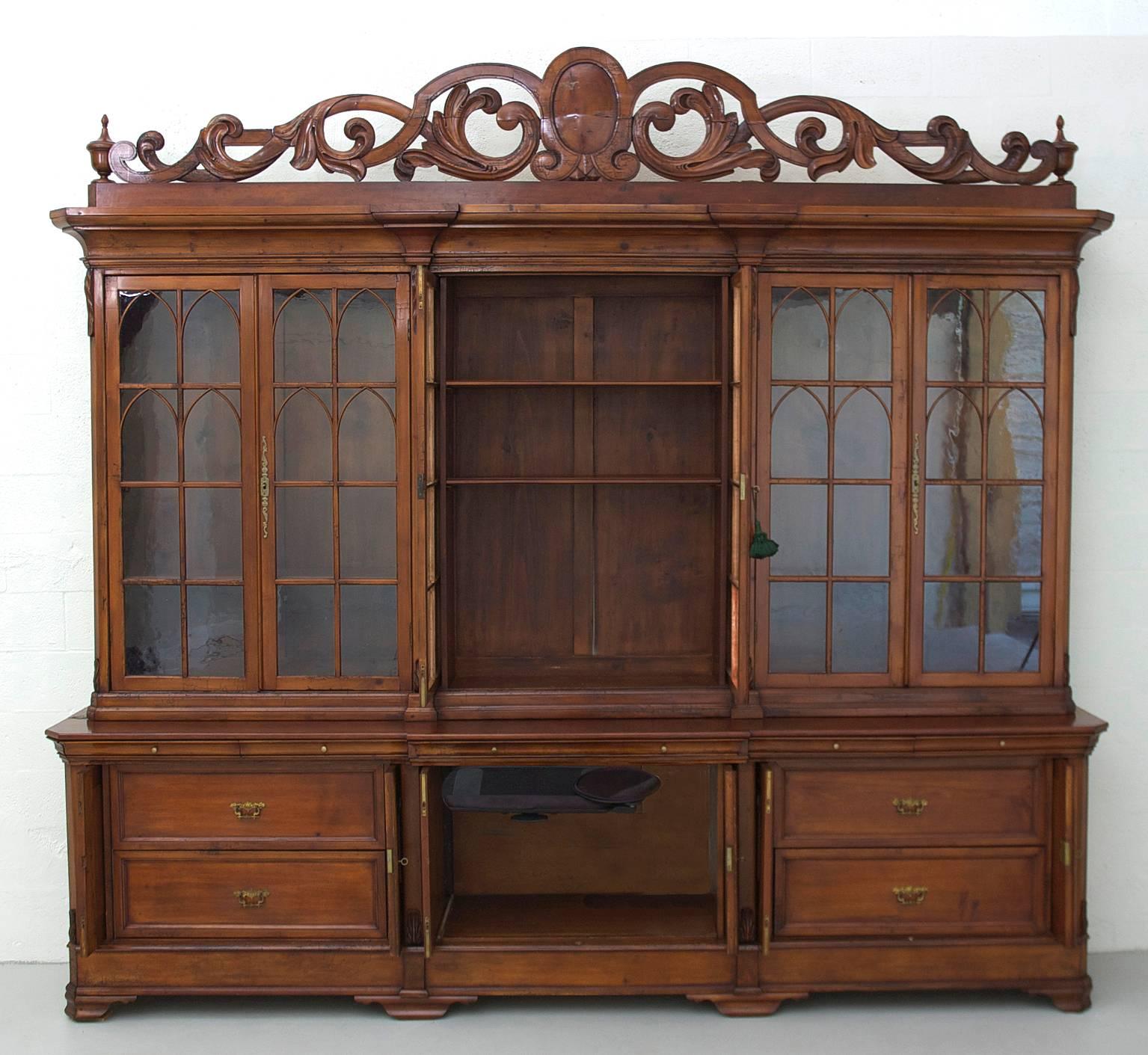 Louis Philippe Large French Antique Breakfront, Bookcase with Mullioned Glass Panes and Storage