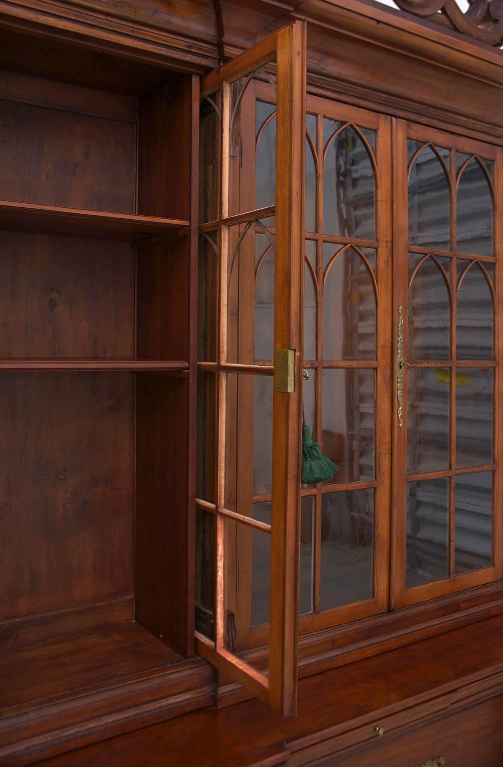 Large French Antique Breakfront, Bookcase with Mullioned Glass Panes and Storage 4