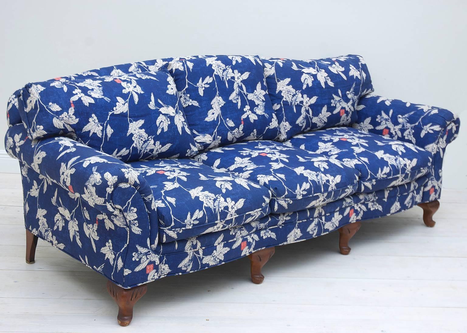 Classic Pearson sofa frame upholstered with R.P. Miller Textile NYC fabric handwoven Belgium linen. 
This textile collection is based on 18th and 19th century Japanese woodblock prints. The fabric is hand printed in Los Angeles on beautiful Belgian
