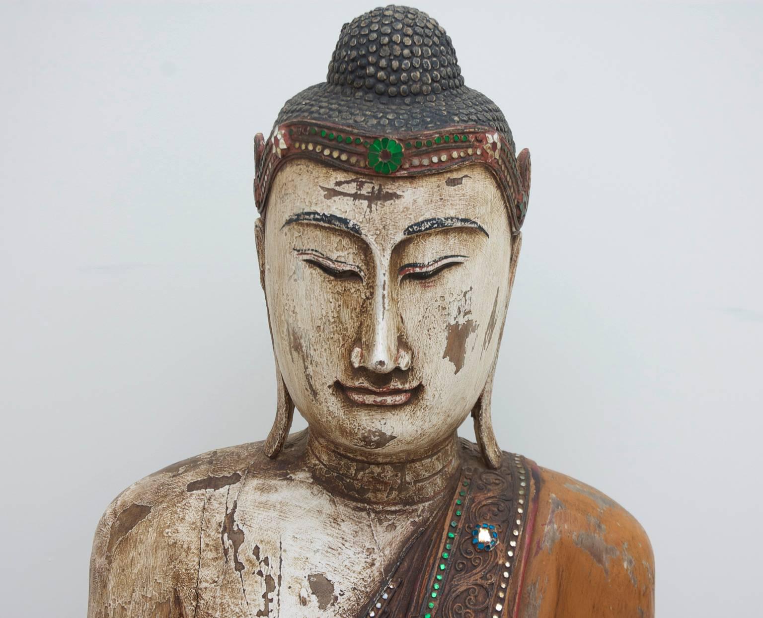 A large well Articulated Burmese Mandalay Buddha in Carved Polychromed Wood 5