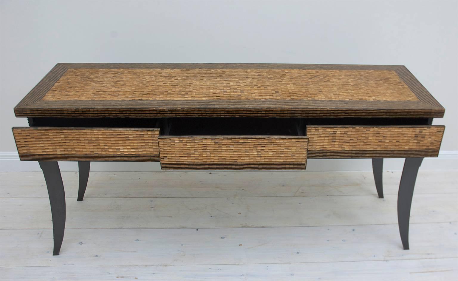 Thai Contemporary Custom Console Table with Inlaid Bamboo and Palmwood Top For Sale