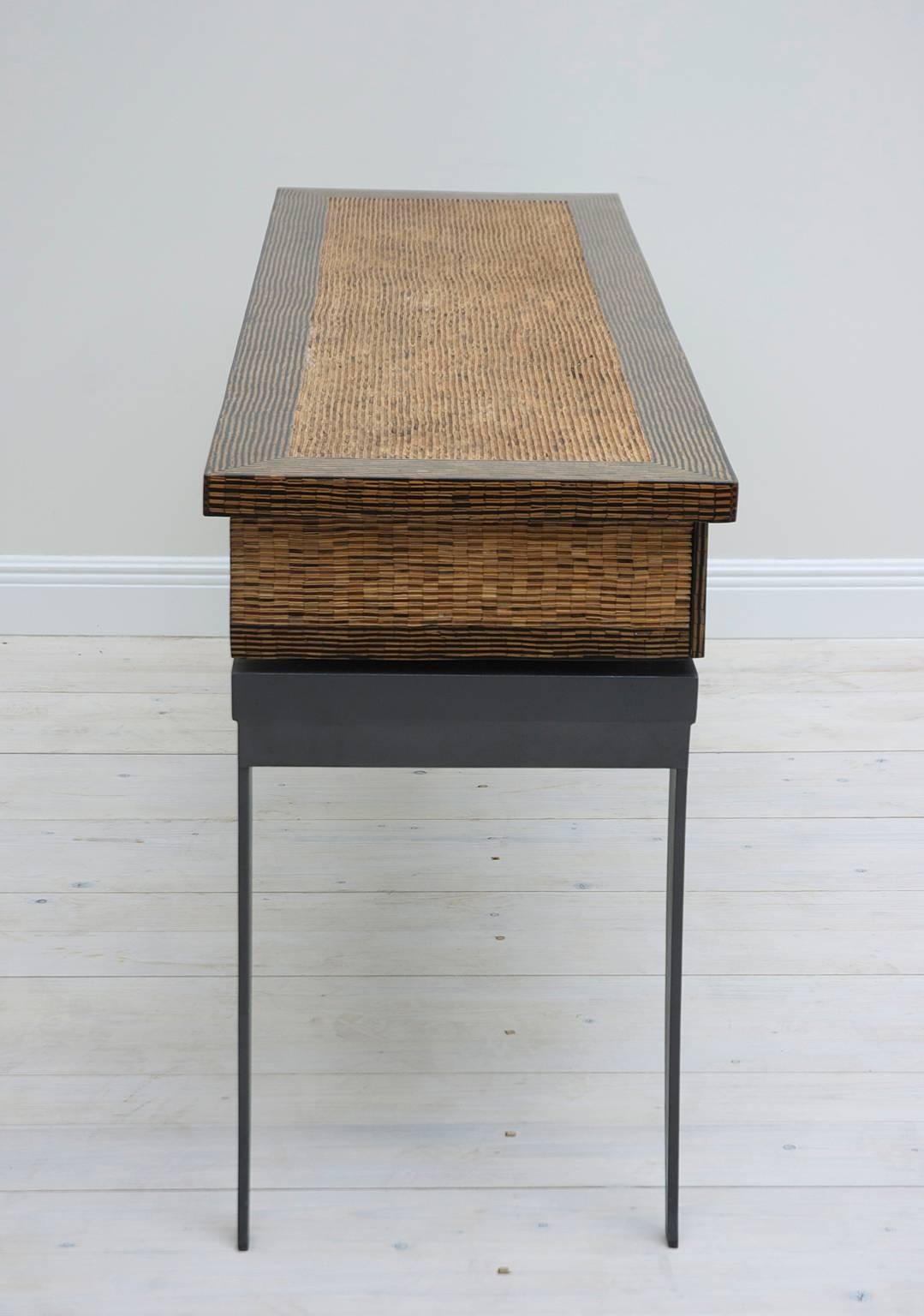 Contemporary Custom Console Table with Inlaid Bamboo and Palmwood Top In Good Condition For Sale In Miami, FL