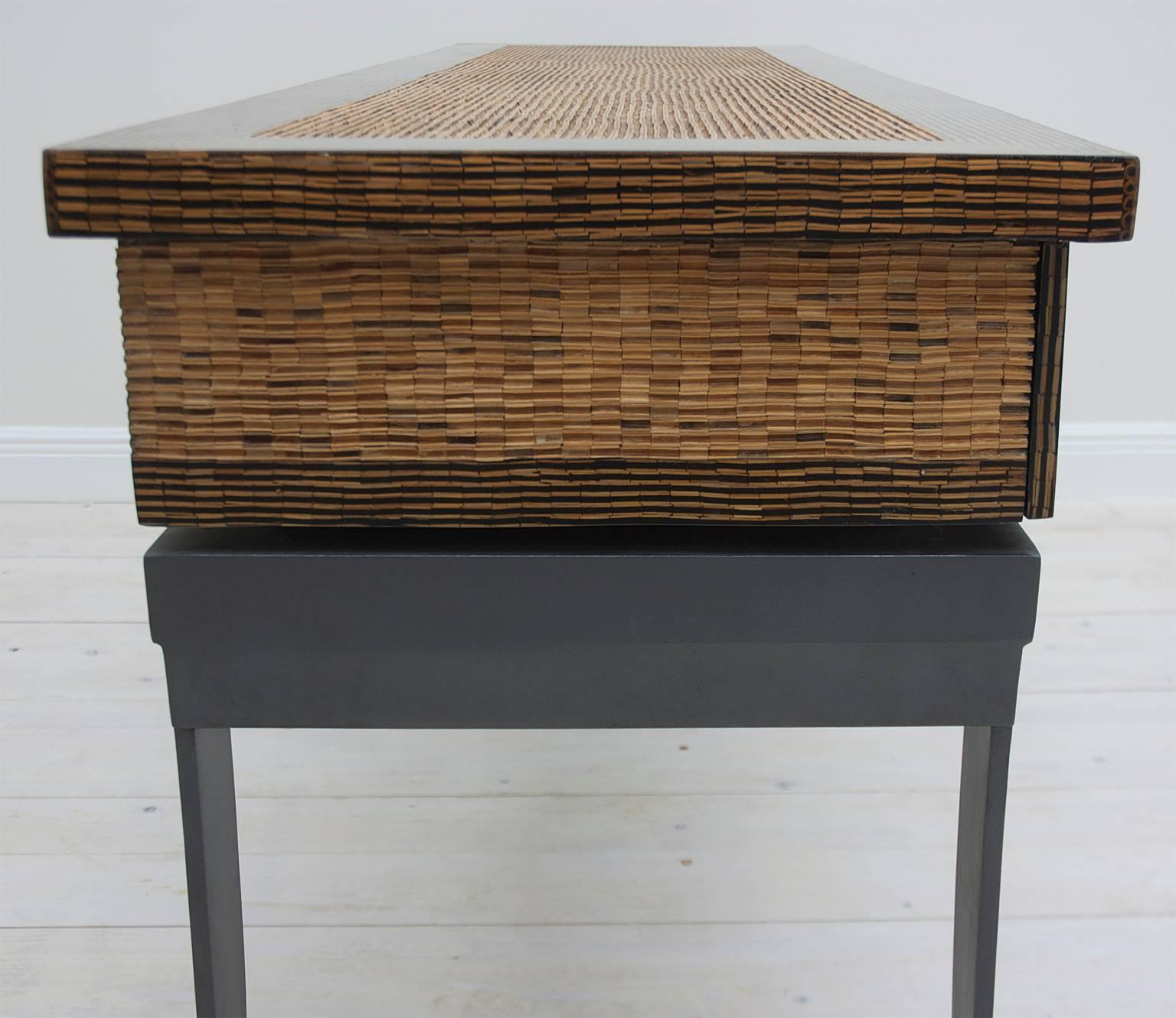 Contemporary Custom Console Table with Inlaid Bamboo and Palmwood Top For Sale 1