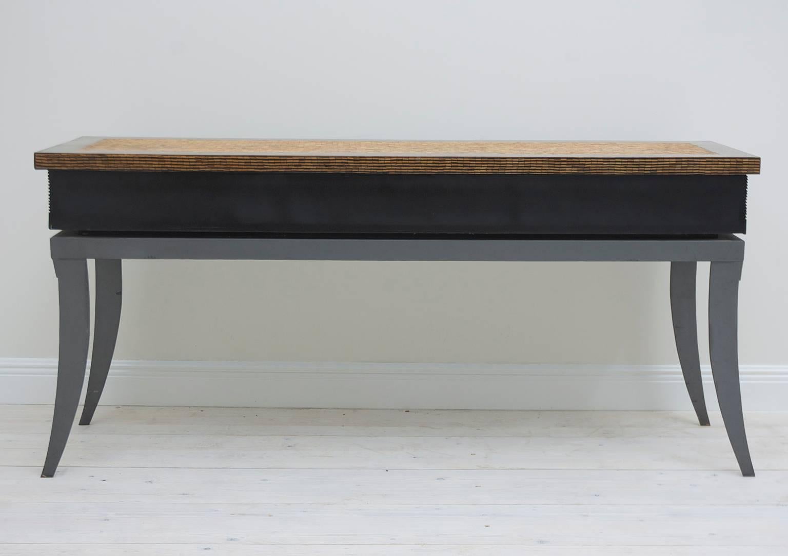 Contemporary Custom Console Table with Inlaid Bamboo and Palmwood Top For Sale 3