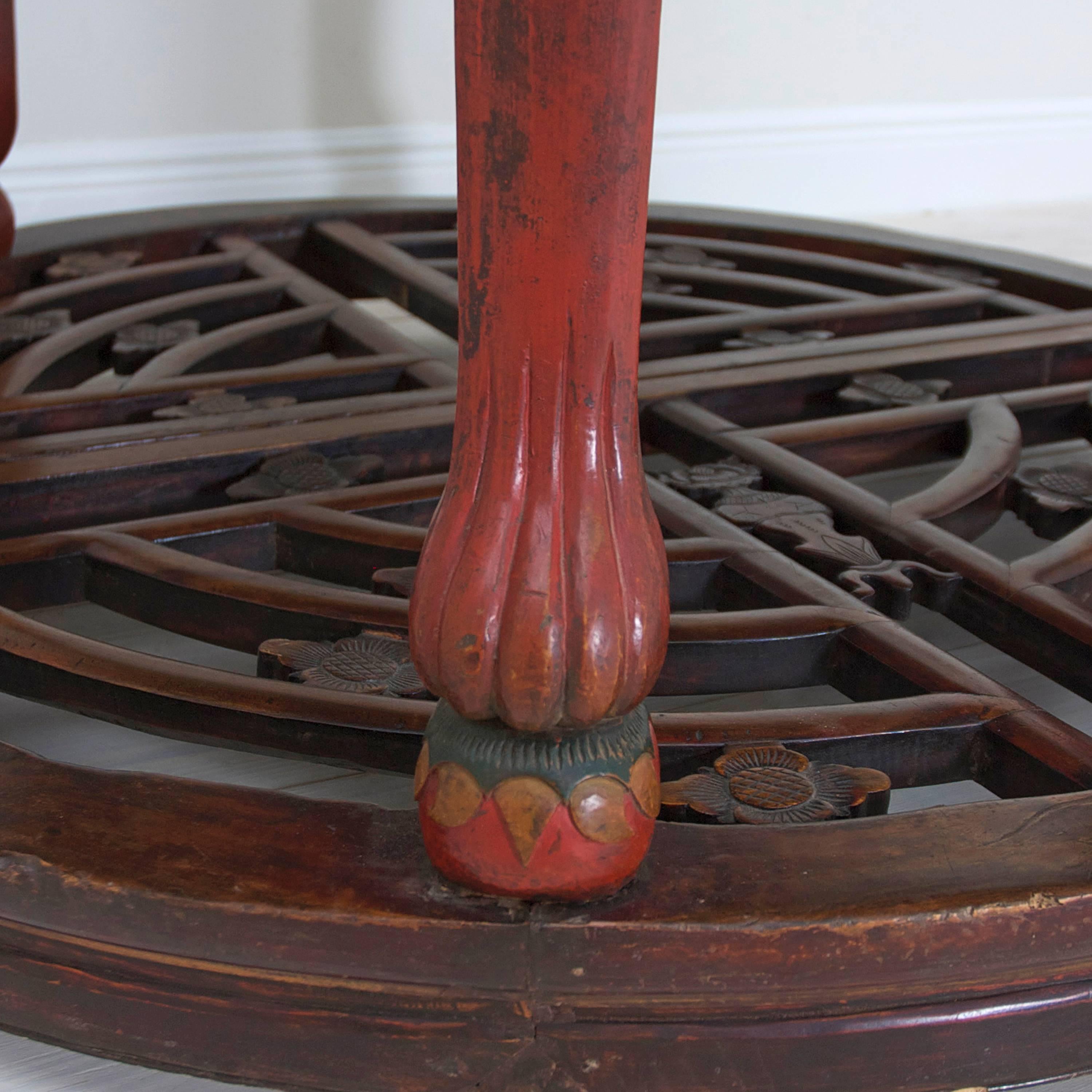 Antique Carved Red Lacquered Chinese Center Table or Pair of Demilune Tables In Good Condition In Miami, FL