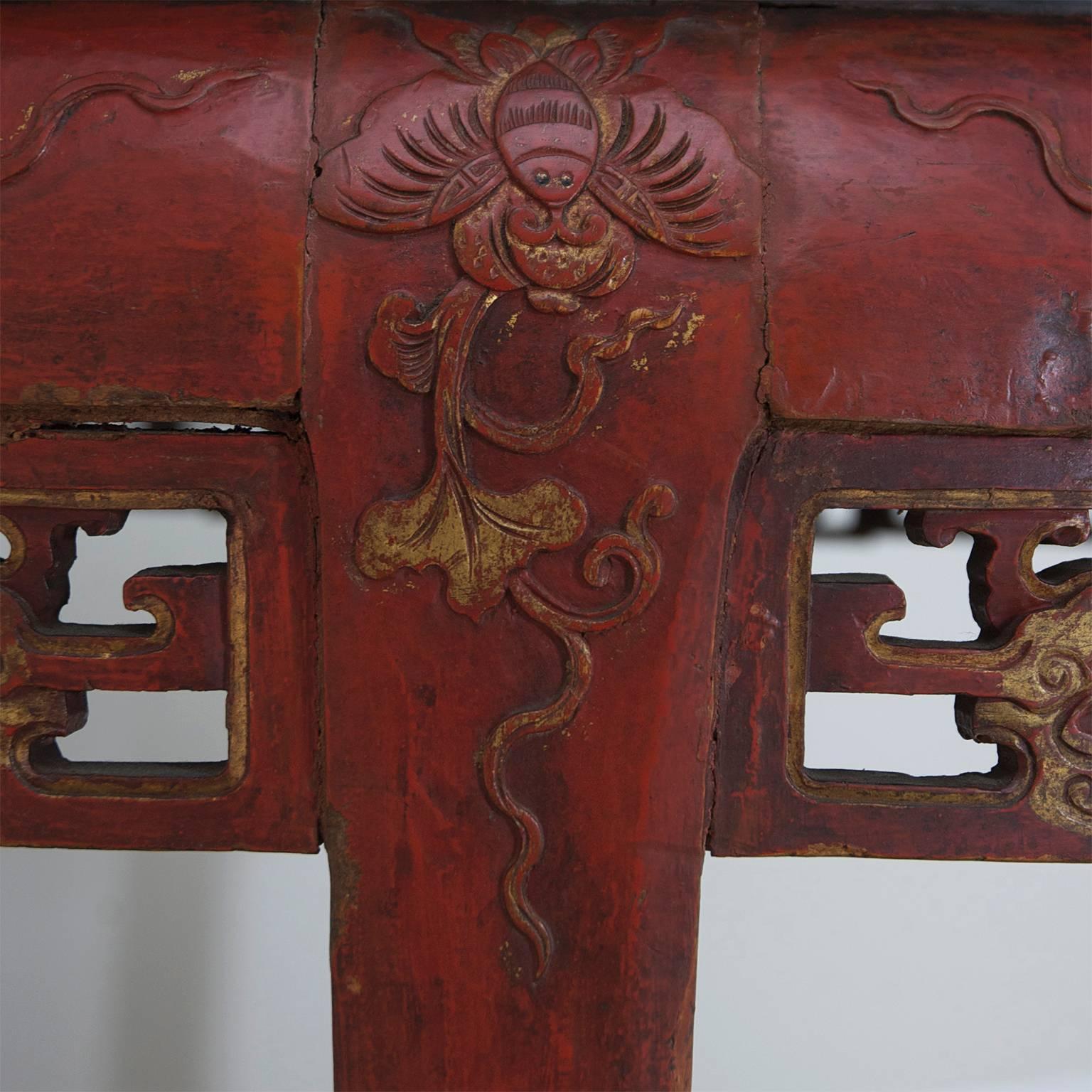 19th Century Antique Carved Red Lacquered Chinese Center Table or Pair of Demilune Tables