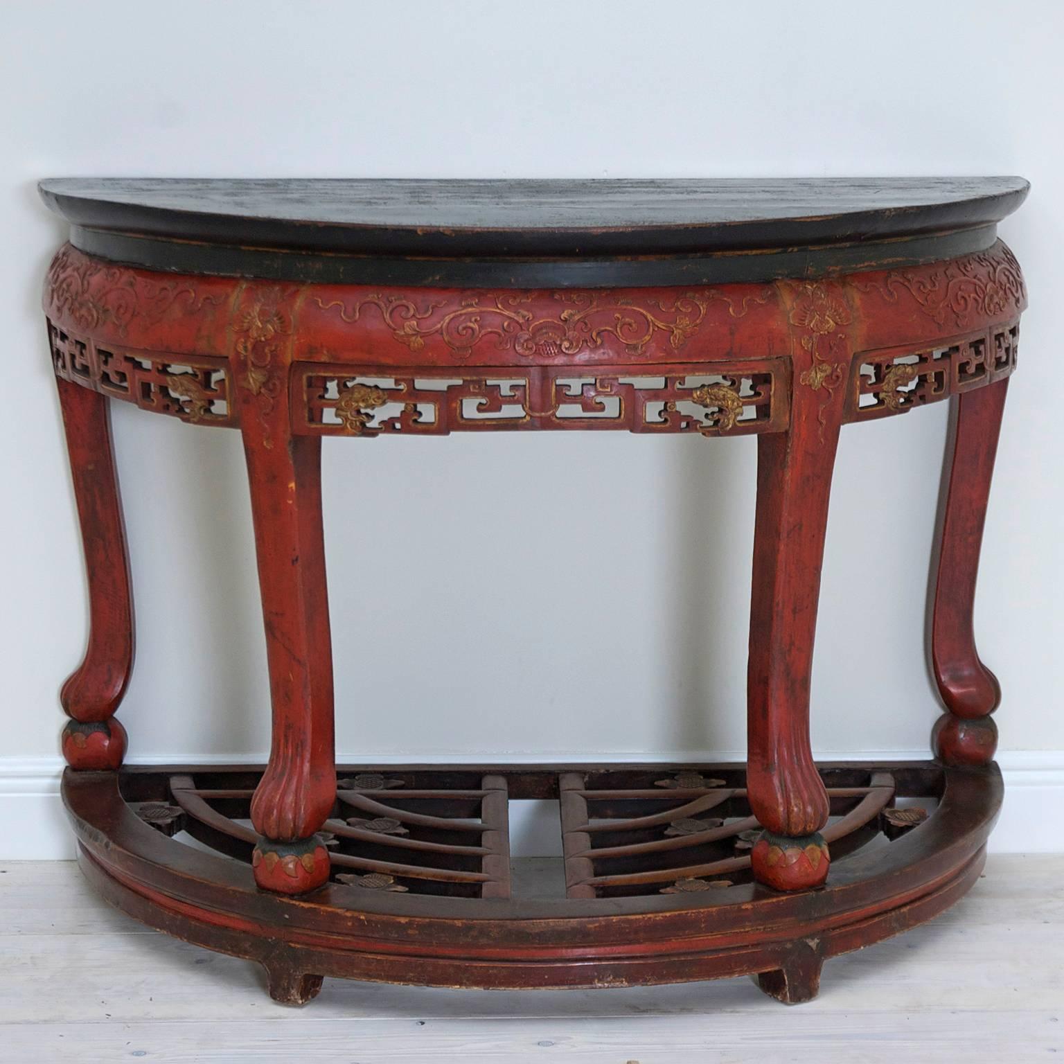 Qing Antique Carved Red Lacquered Chinese Center Table or Pair of Demilune Tables