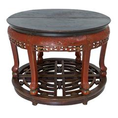 Antique Carved Red Lacquered Chinese Center Table or Pair of Demilune Tables