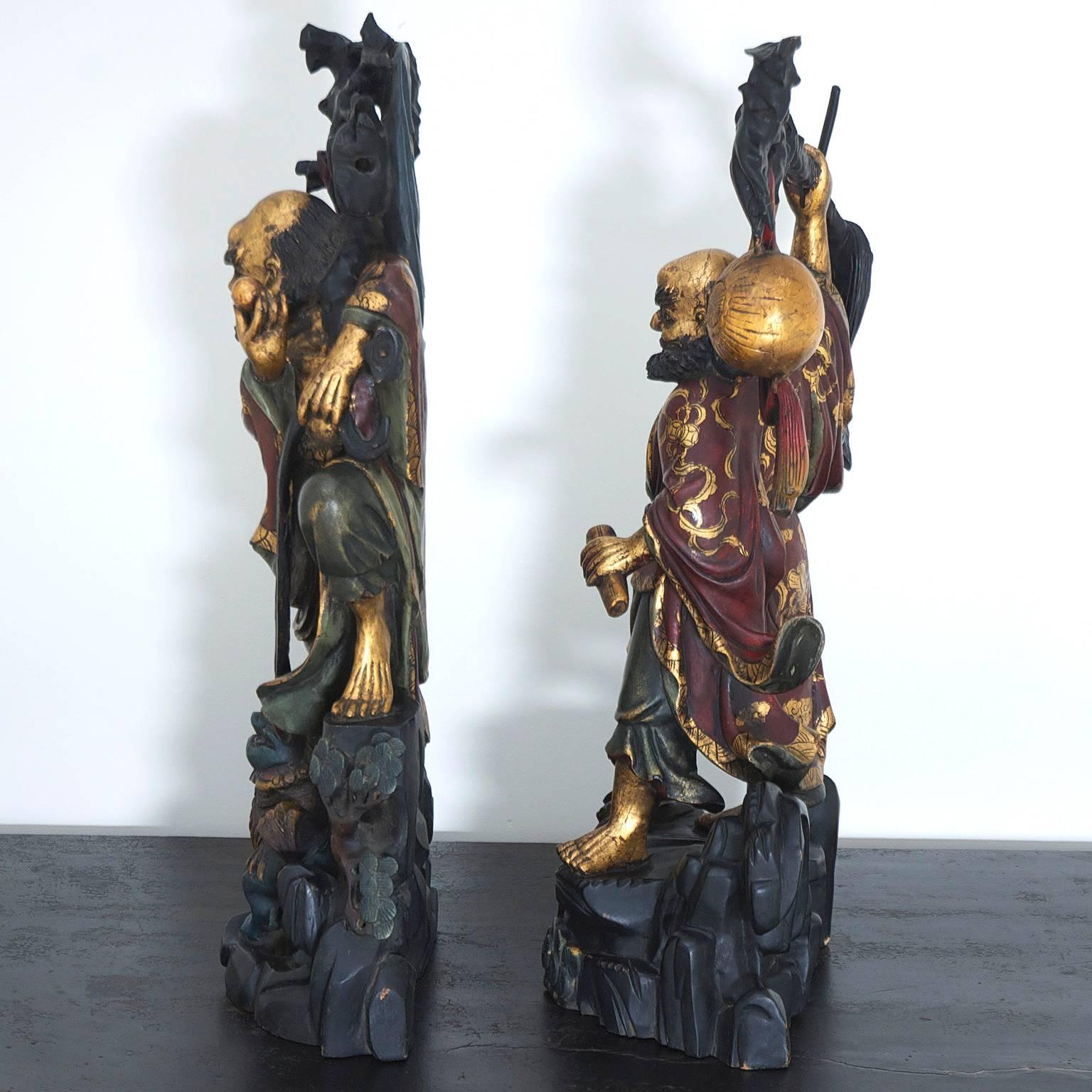 Pair of Chinese Ming-Style Polychrome Carved Wood Male Figures or Sculptures 2