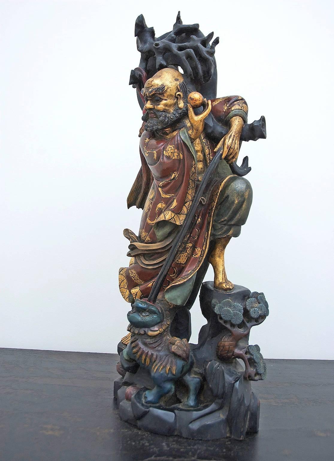 Pair of Chinese Ming-Style Polychrome Carved Wood Male Figures or Sculptures 5