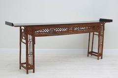 Long Antique Chinese Bamboo Altar Table with Black-Lacquer Top