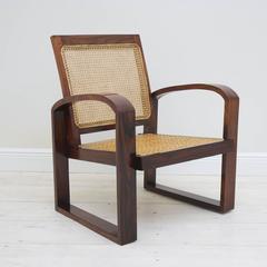 4 Art Deco French Colonial Rosewood Armchairs with Caned Backs and Woven Seats
