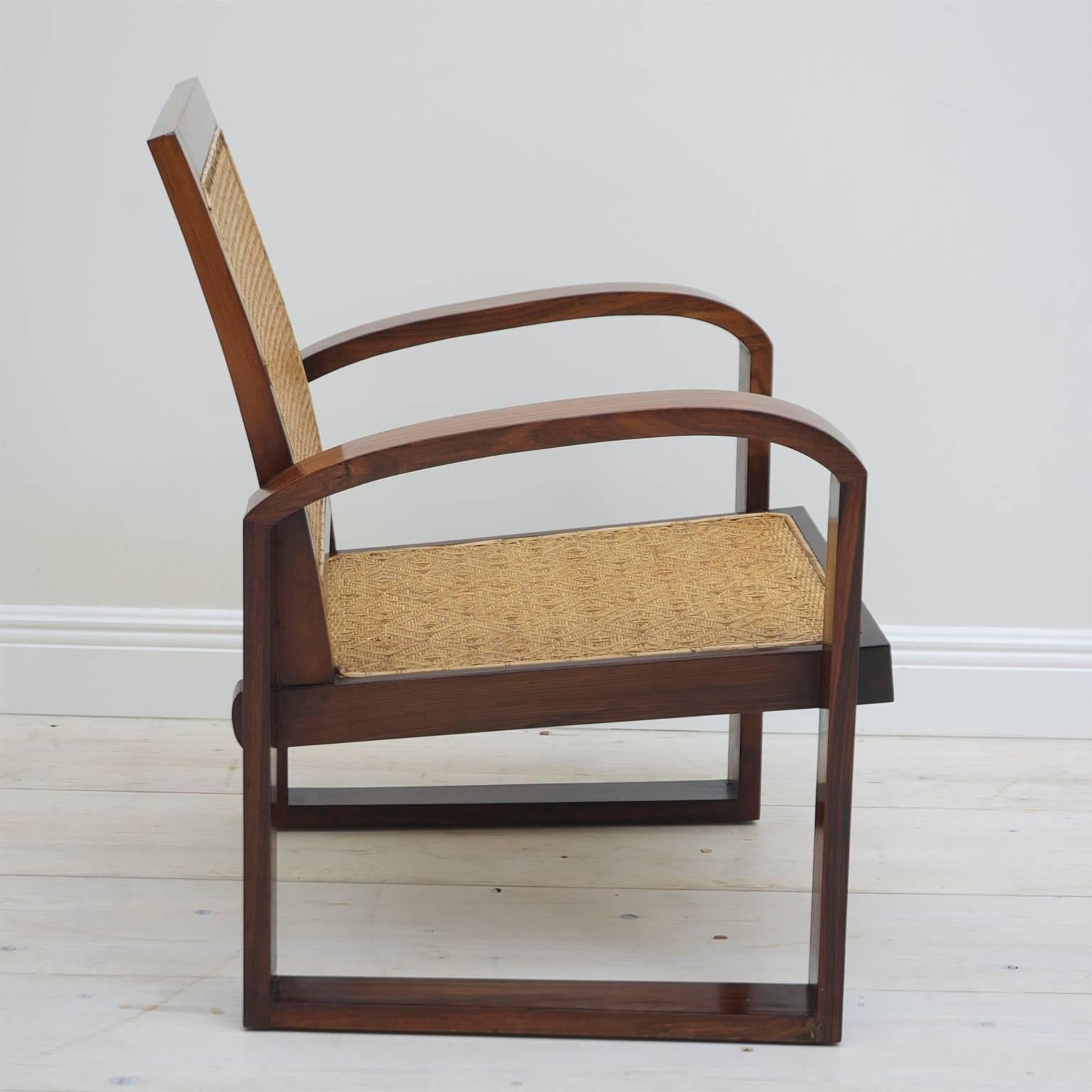 Vietnamese 4 Art Deco French Colonial Rosewood Armchairs with Caned Backs and Woven Seats